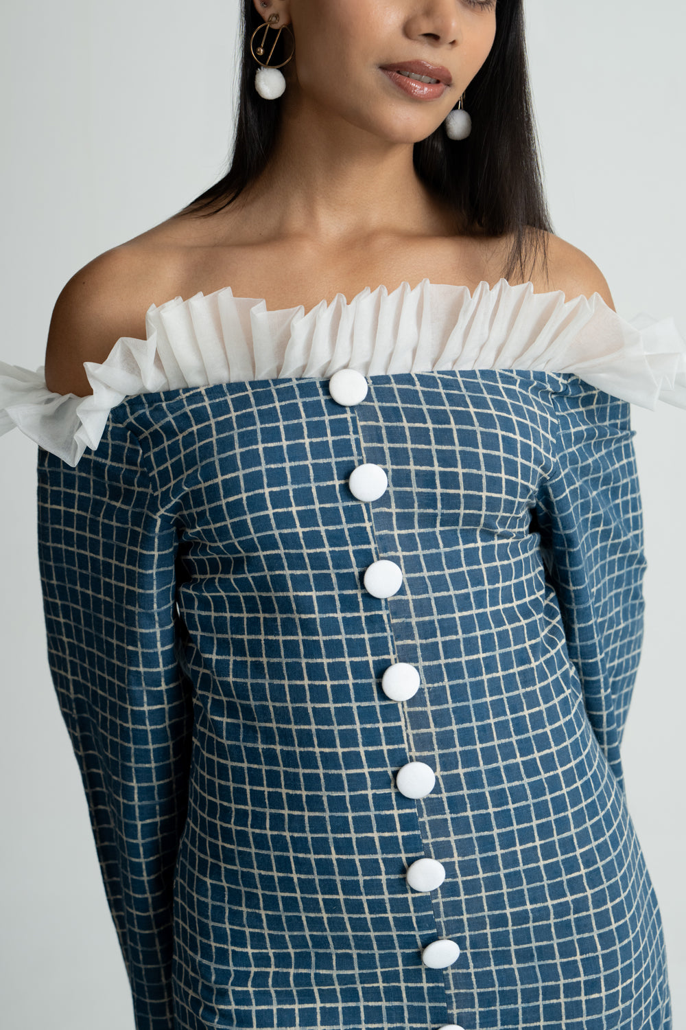 Blue Cotton Check High Low Dress