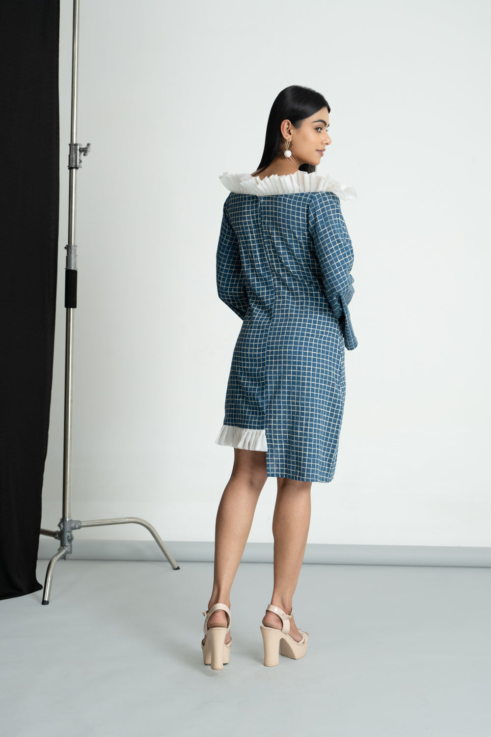 Blue Cotton Check High Low Dress