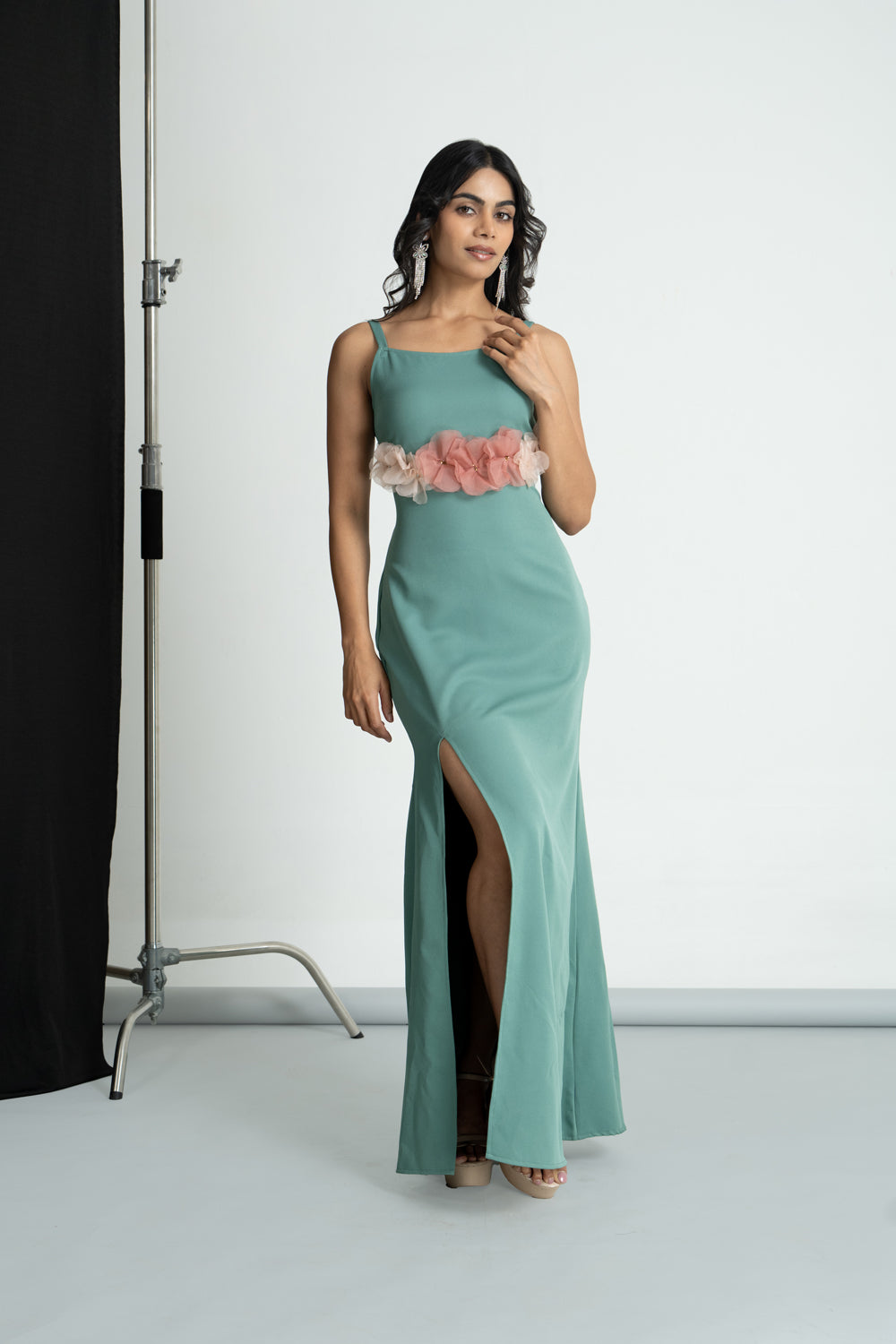 Green 3D Flower Long Dresss
