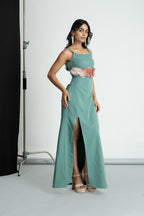 Green 3D Flower Long Dresss