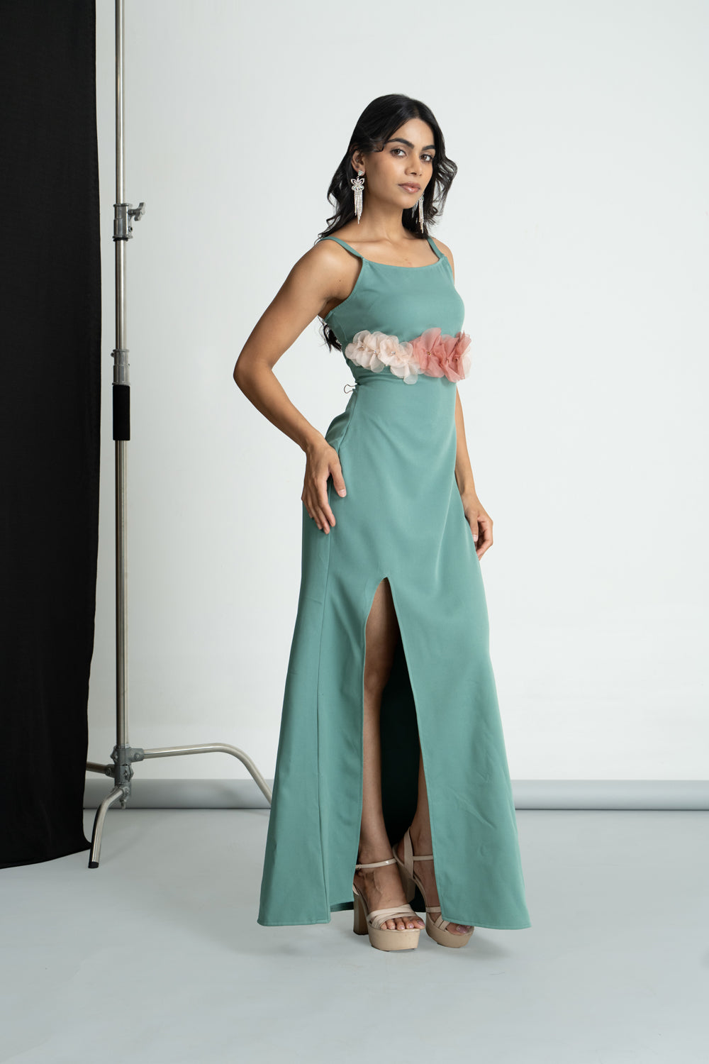 Green 3D Flower Long Dresss