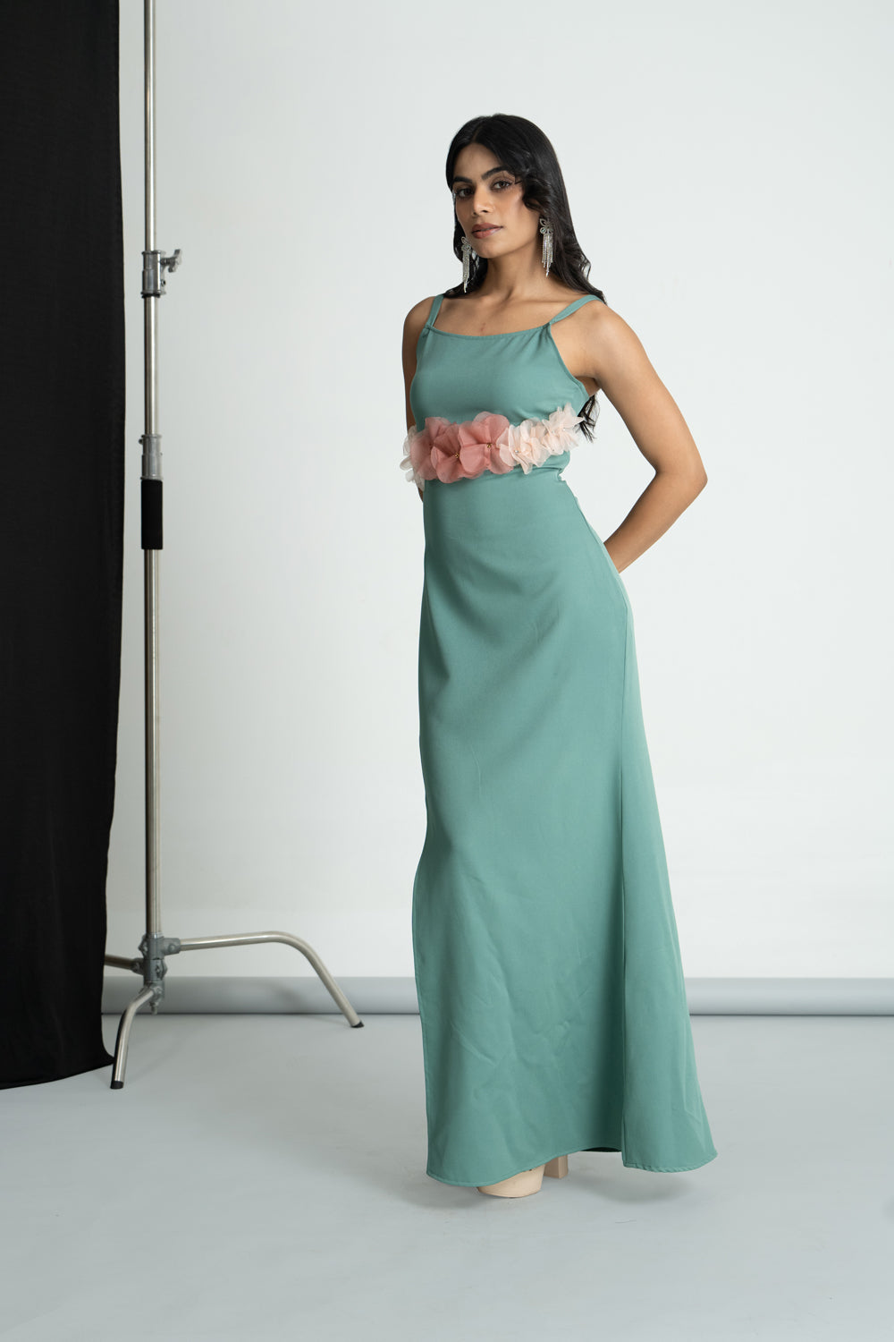 Green 3D Flower Long Dresss