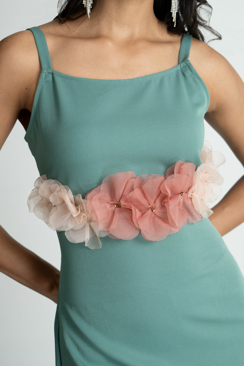 Green 3D Flower Long Dresss