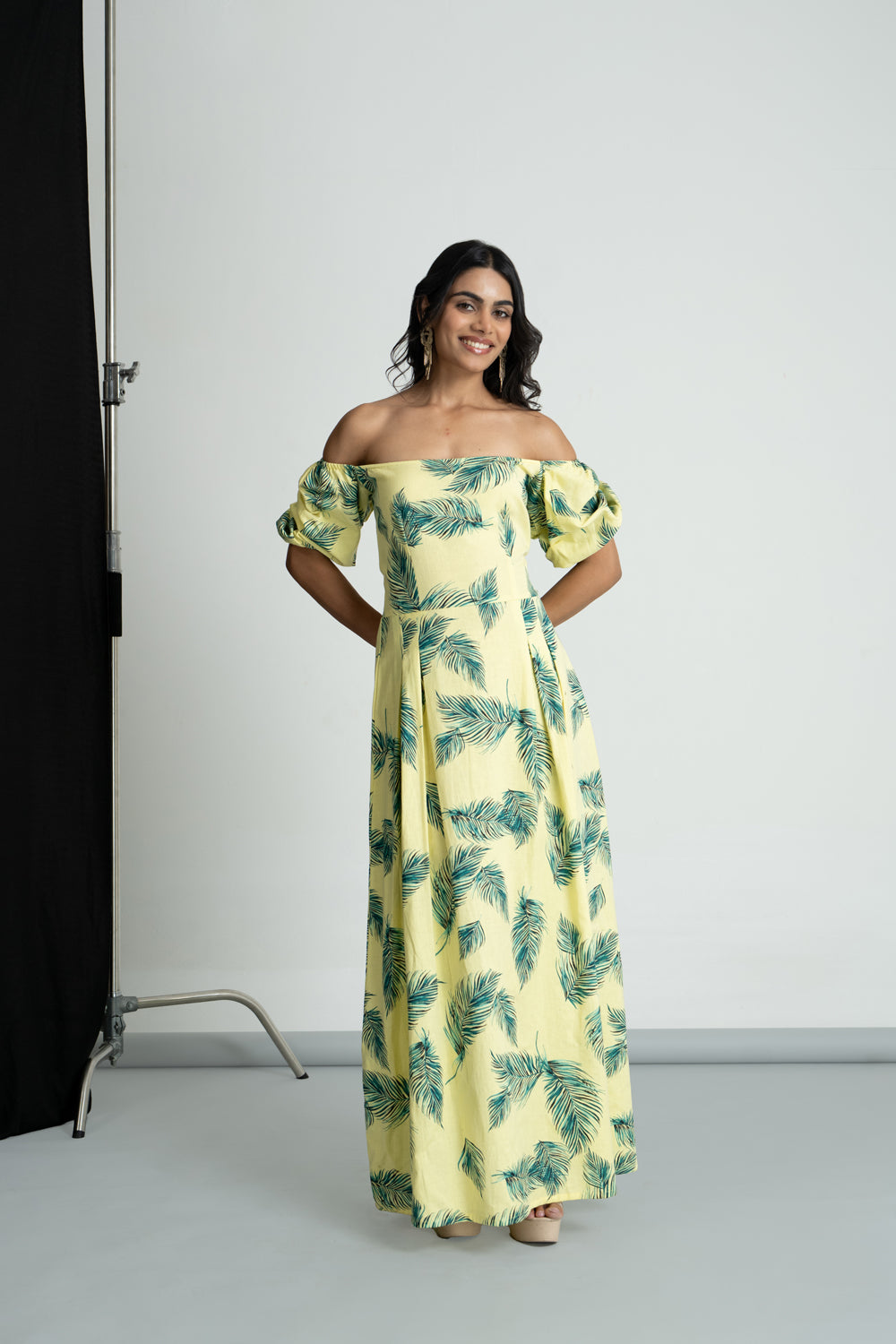 Lime Green Tropical Off Shoulder Dress