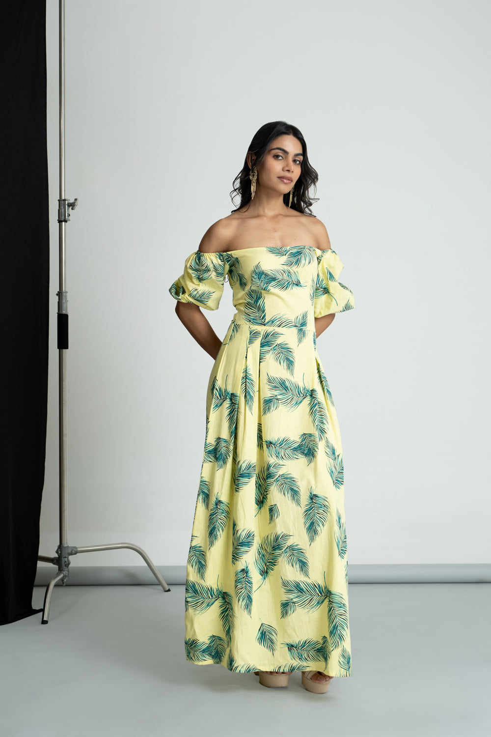 Lime Green Tropical Off Shoulder Dress