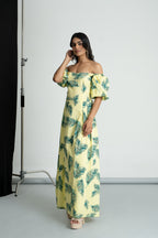 Lime Green Tropical Off Shoulder Dress
