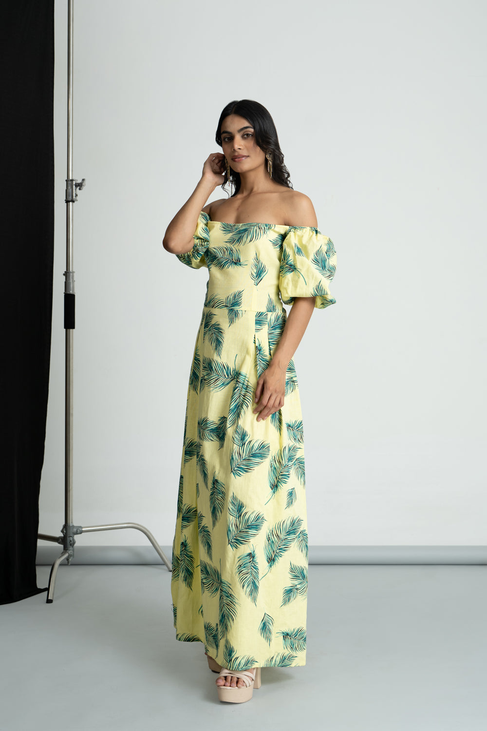 Lime Green Tropical Off Shoulder Dress