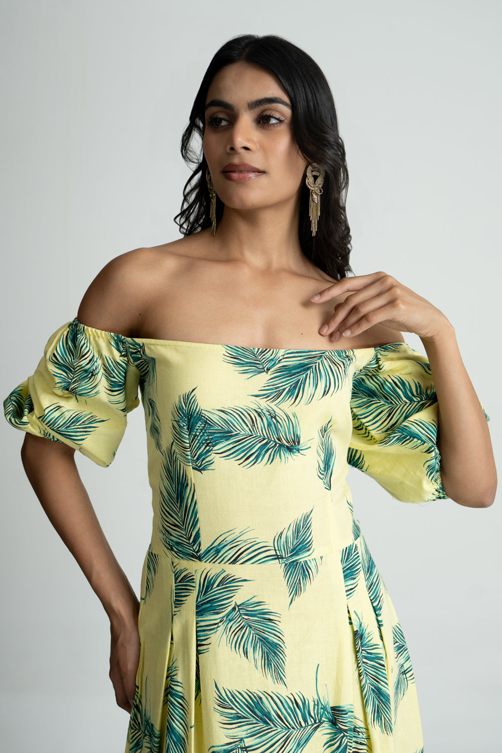 Lime Green Tropical Off Shoulder Dress