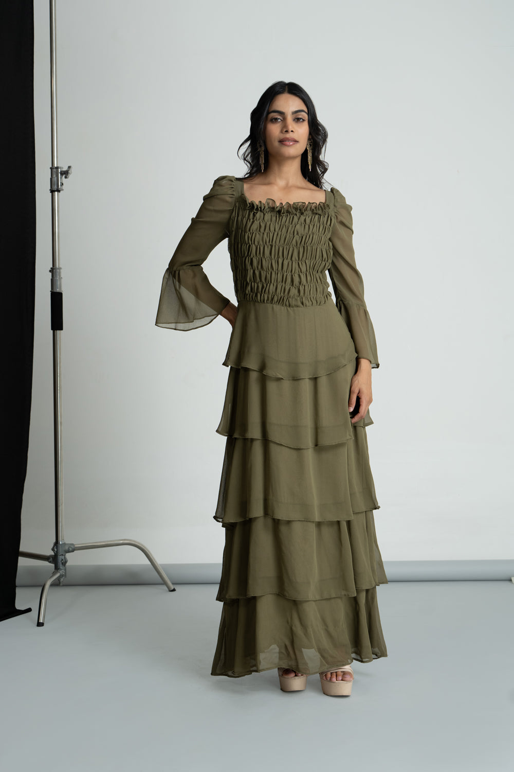 Olive Green Georgette Maxi Dress