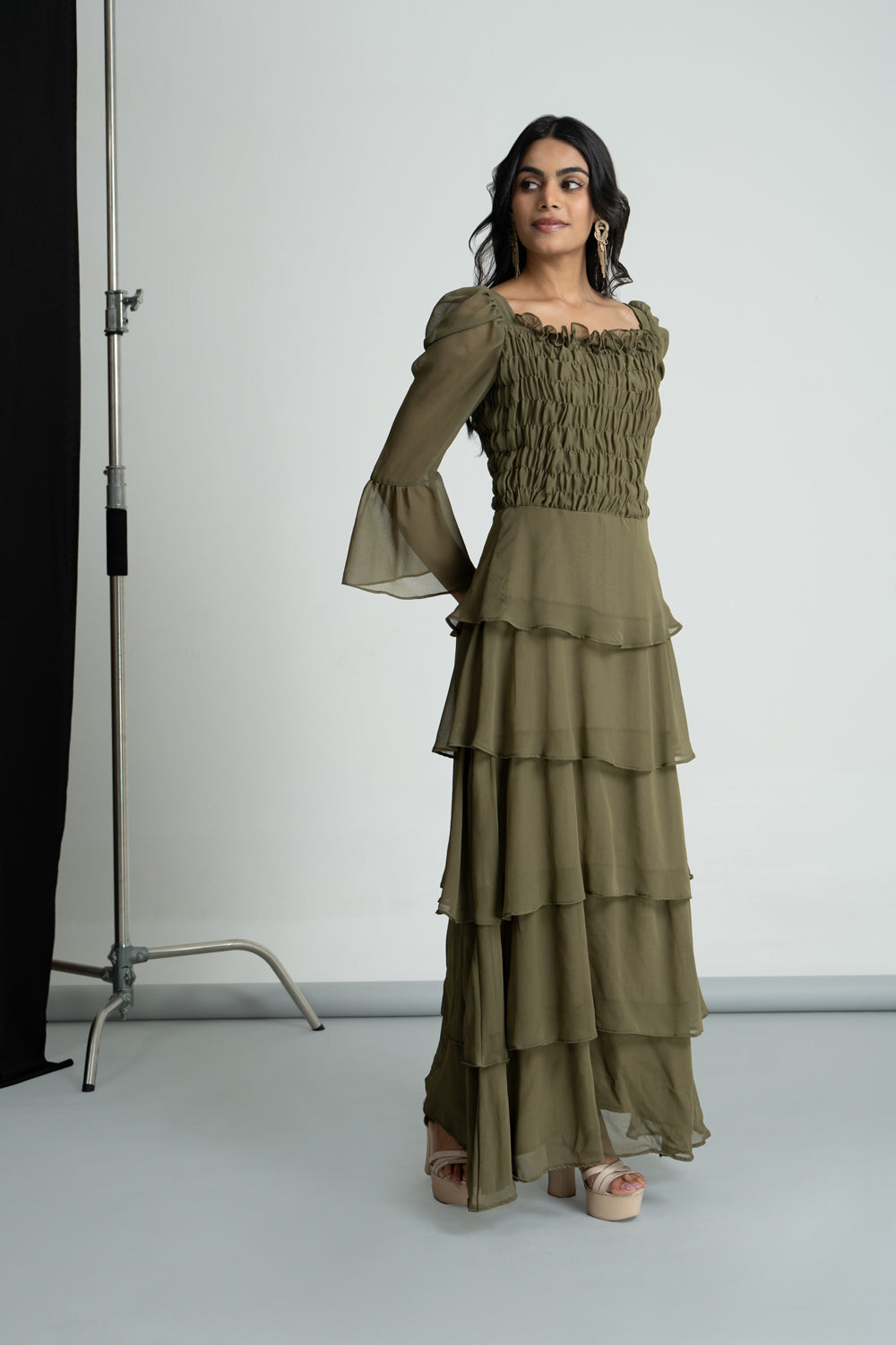 Olive Green Georgette Maxi Dress