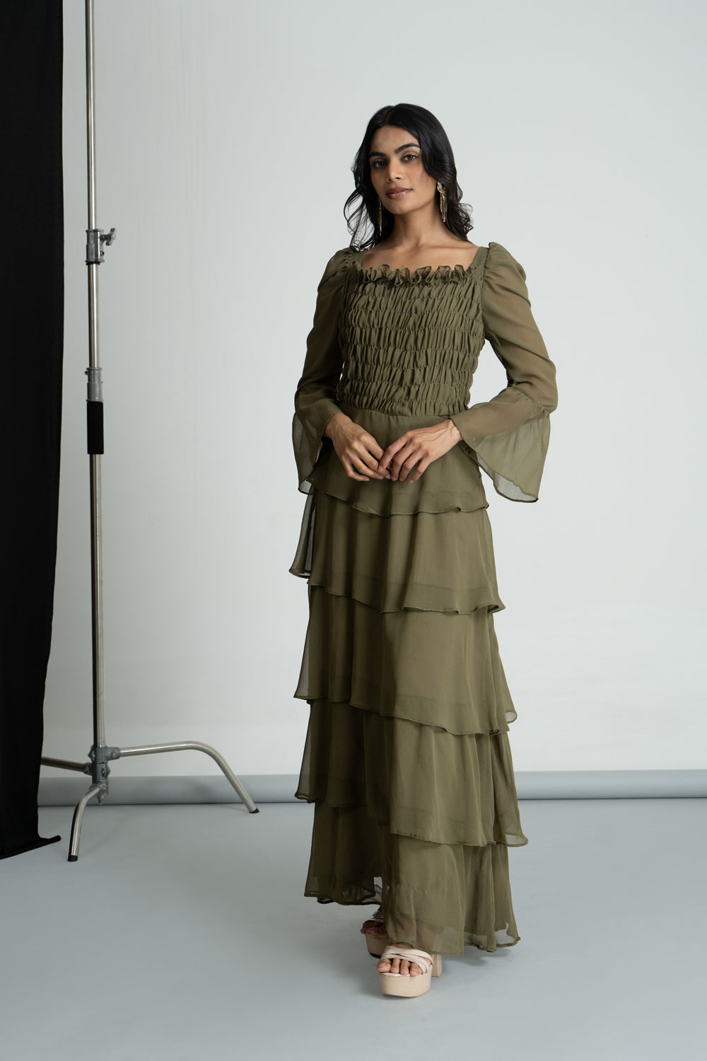 Olive Green Georgette Maxi Dress
