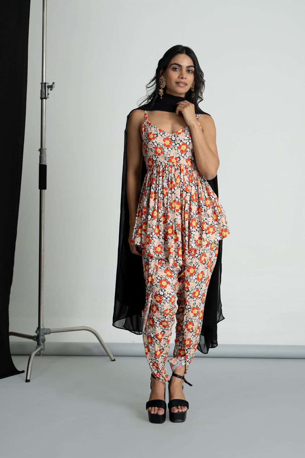 Floral printed peplum kurti and dhoti set