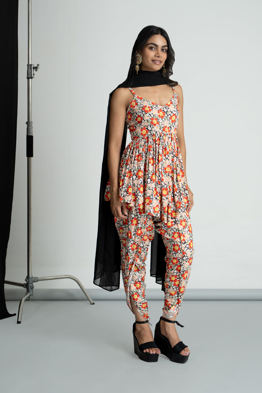 Floral printed peplum kurti and dhoti set
