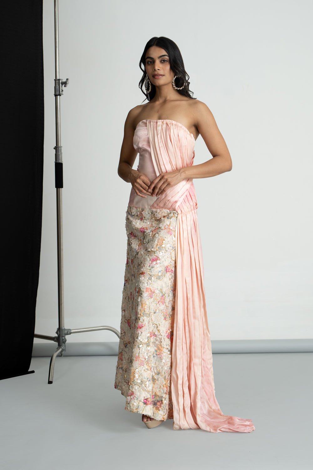 Pink Satin Draped Sequins Gown