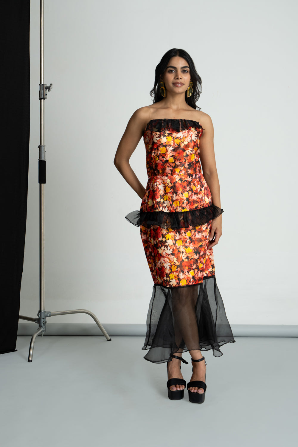 Leaf Printed Satin Shimmer Dress