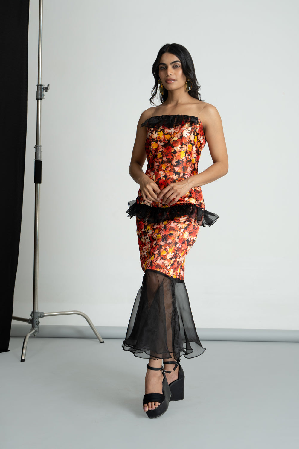 Leaf Printed Satin Shimmer Dress