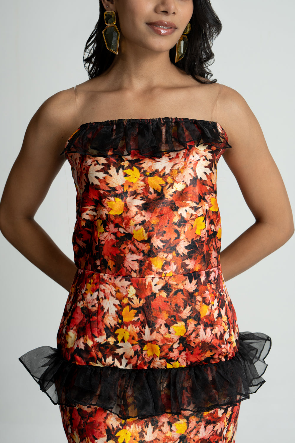 Leaf Printed Satin Shimmer Dress