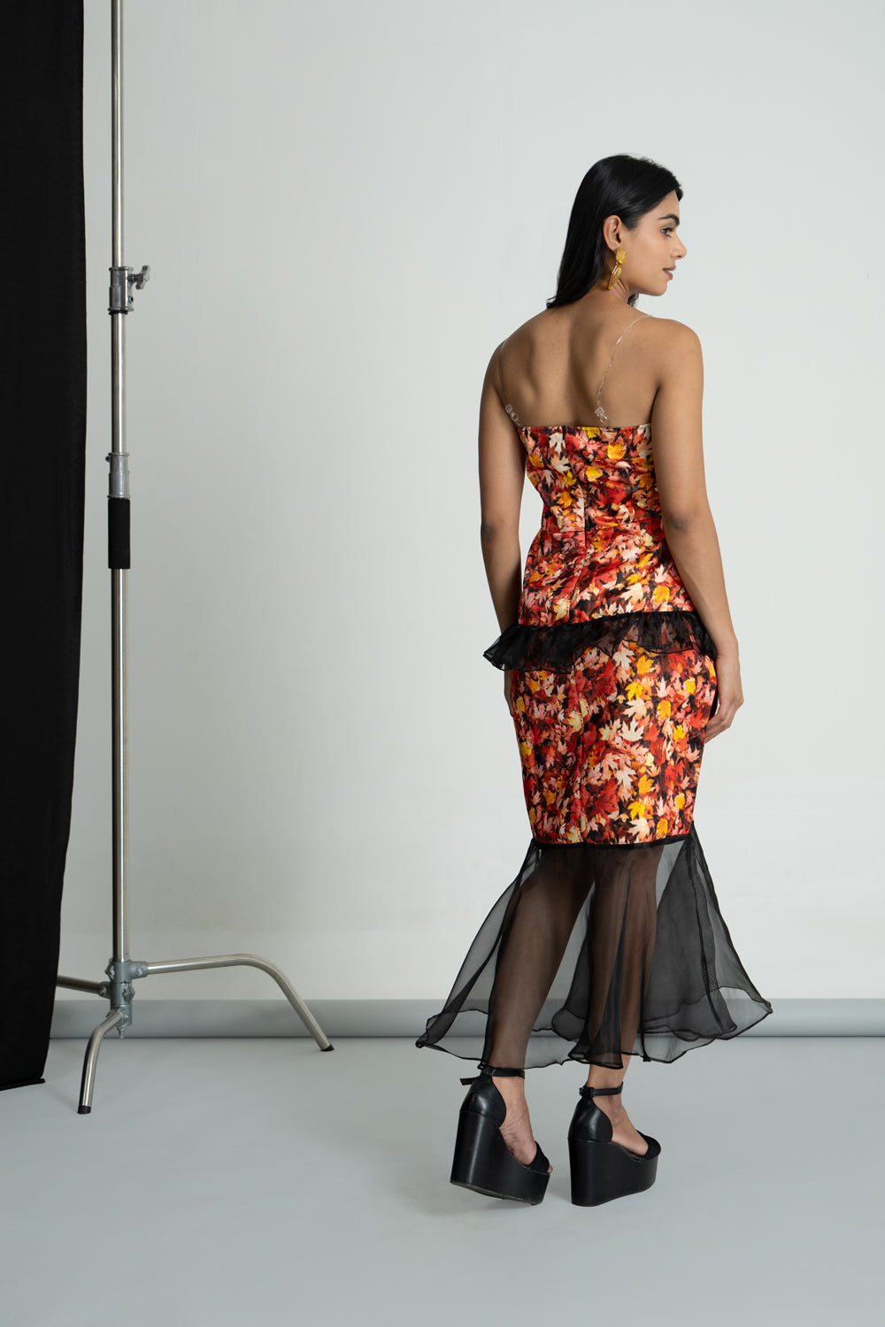Leaf Printed Satin Shimmer Dress