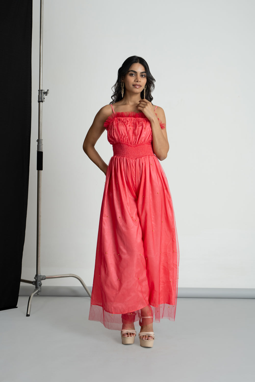 Coral Pink Net Smoking Jumpsuit