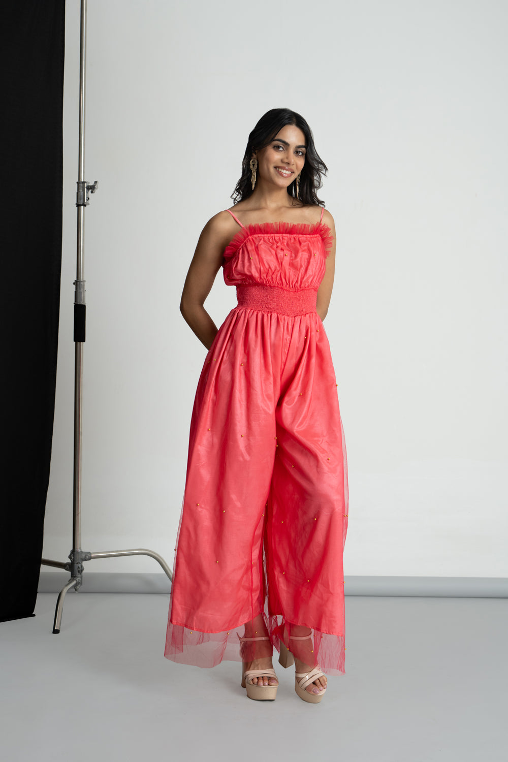 Coral Pink Net Smoking Jumpsuit