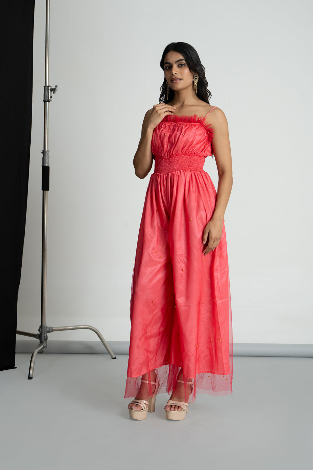 Coral Pink Net Smoking Jumpsuit