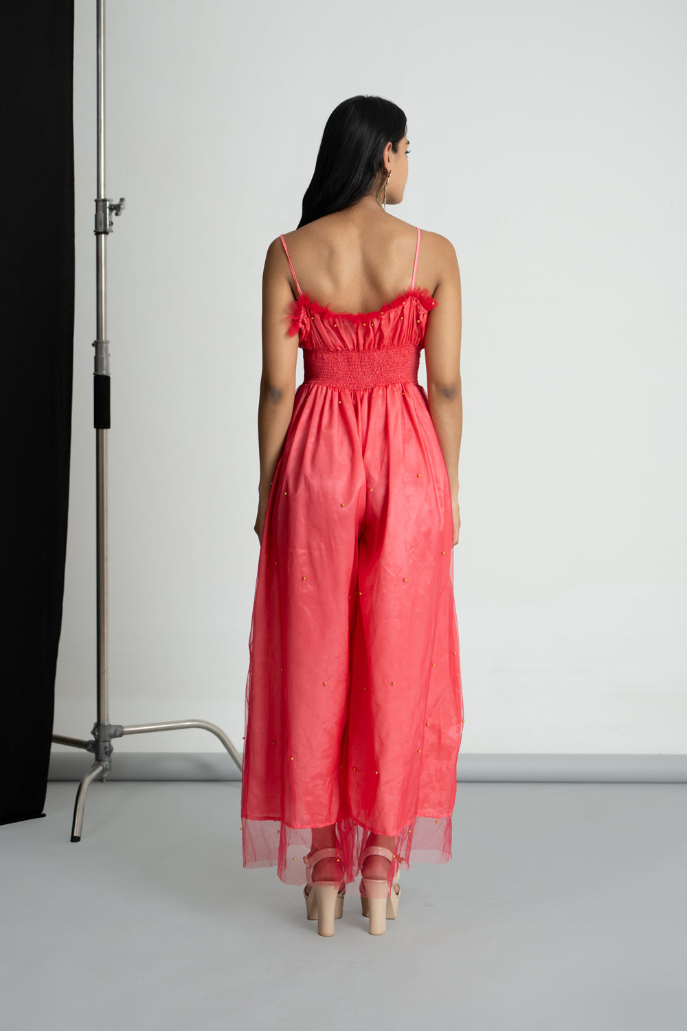 Coral Pink Net Smoking Jumpsuit