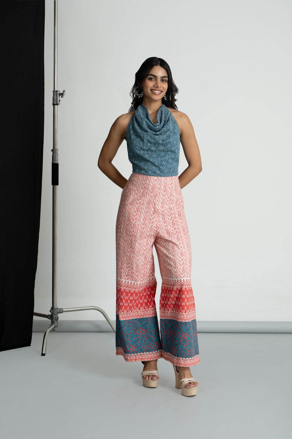 Red & Teal Halter Neck Jumpsuit