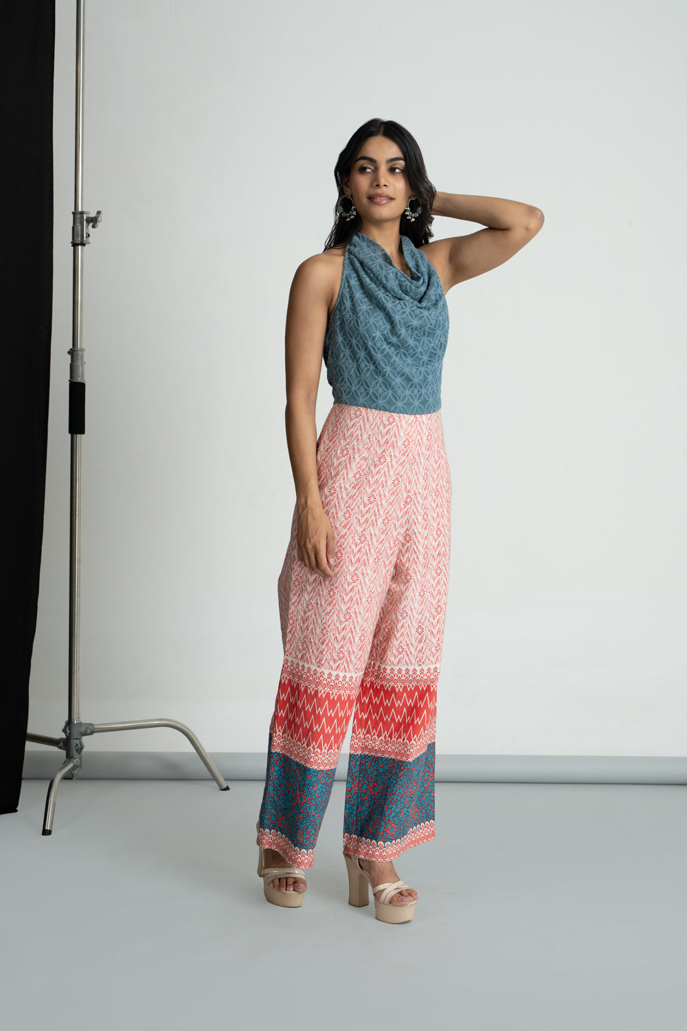 Red & Teal Halter Neck Jumpsuit