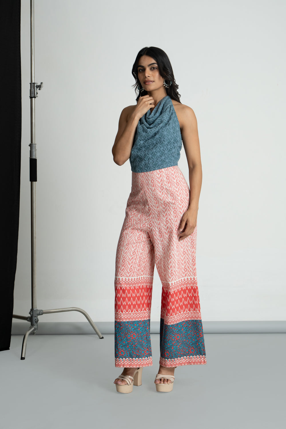 Red & Teal Halter Neck Jumpsuit
