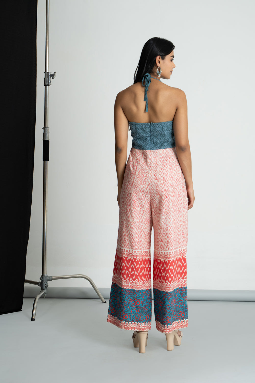 Red & Teal Halter Neck Jumpsuit