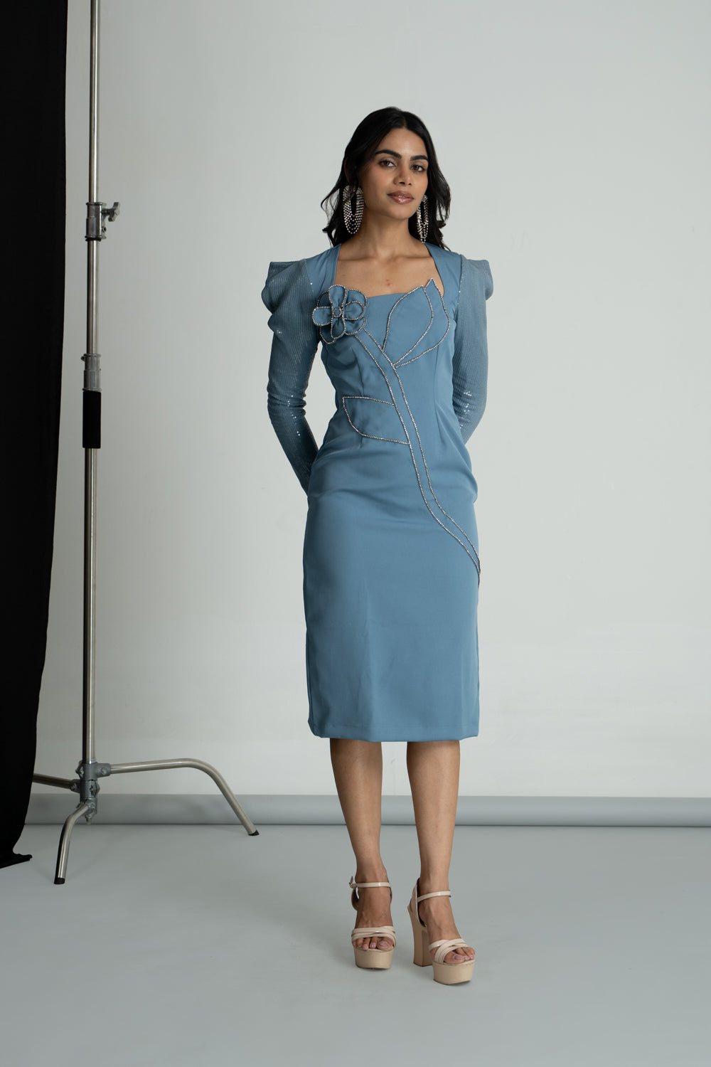 Ice Blue 3-D Embroidered Flower Dress
