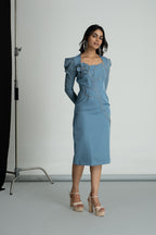 Ice Blue 3-D Embroidered Flower Dress