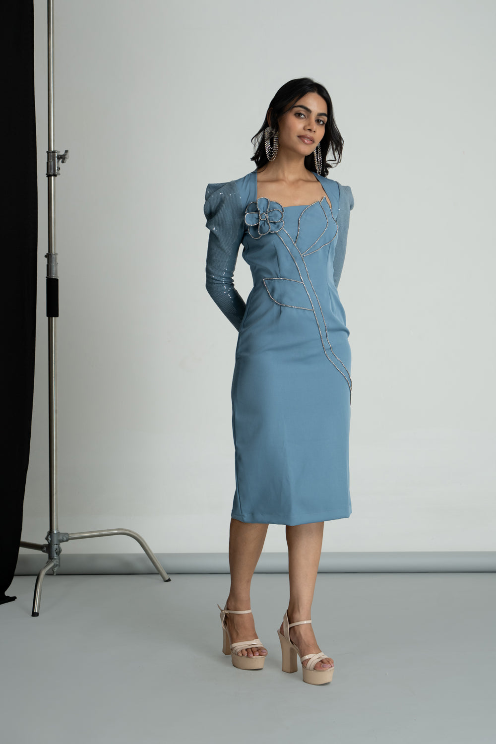 Ice Blue 3-D Embroidered Flower Dress