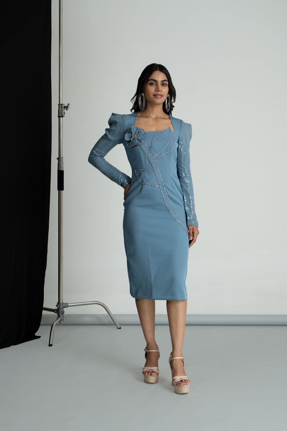 Ice Blue 3-D Embroidered Flower Dress