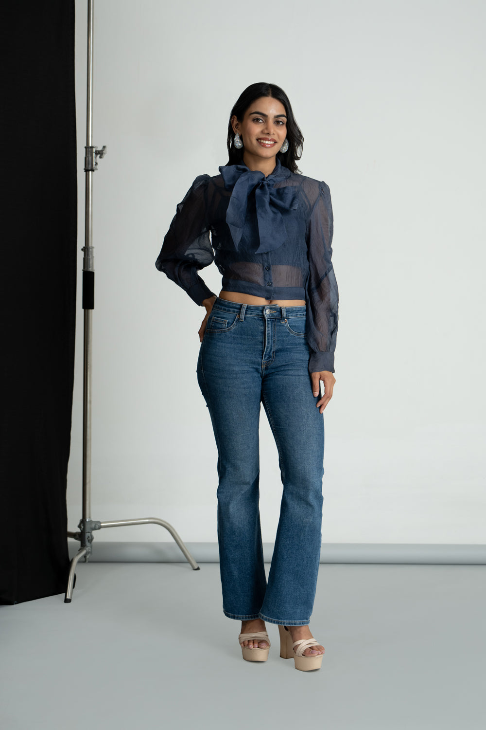 Blue Organza Bow Shirt