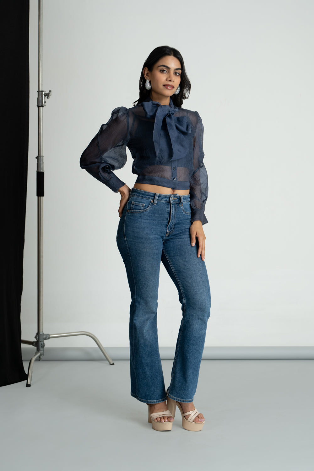 Blue Organza Bow Shirt
