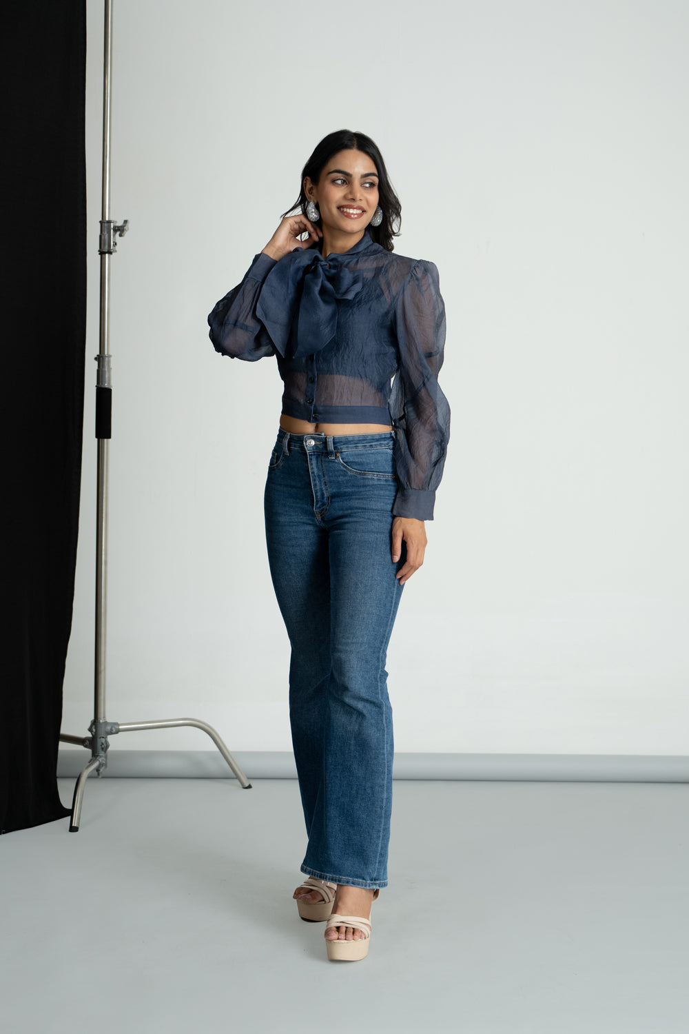 Blue Organza Bow Shirt
