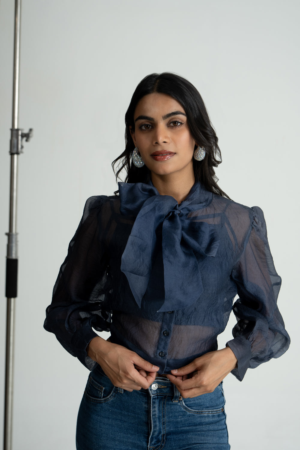 Blue Organza Bow Shirt
