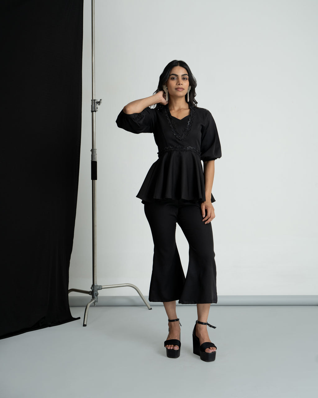 Black peplum co-ord set with culottes