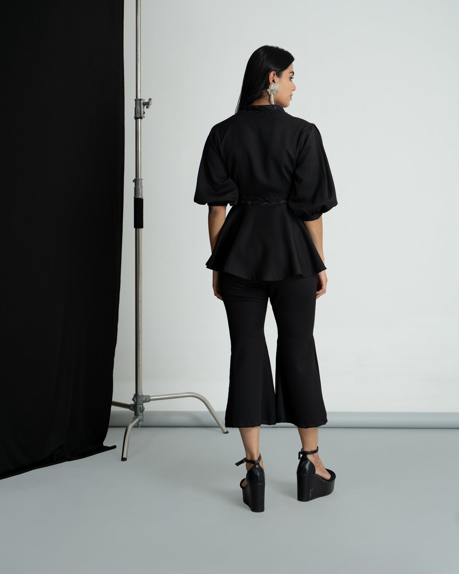 Black peplum co-ord set with culottes