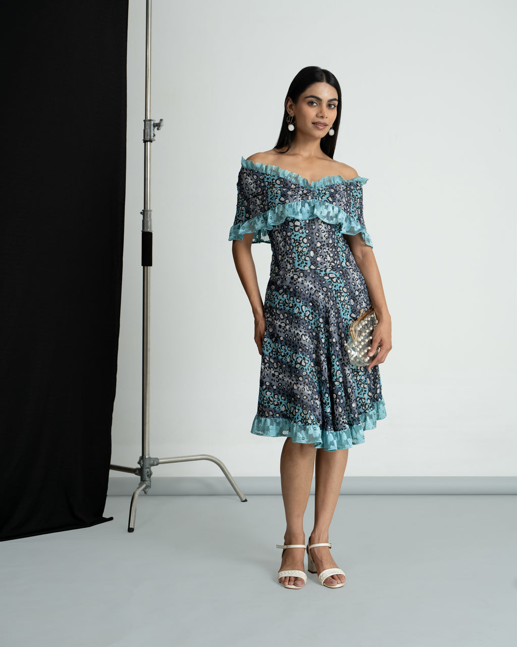 Grey printed off shoulder dress