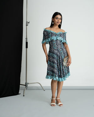Grey printed off shoulder dress