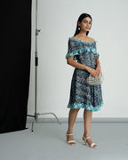 Grey printed off shoulder dress