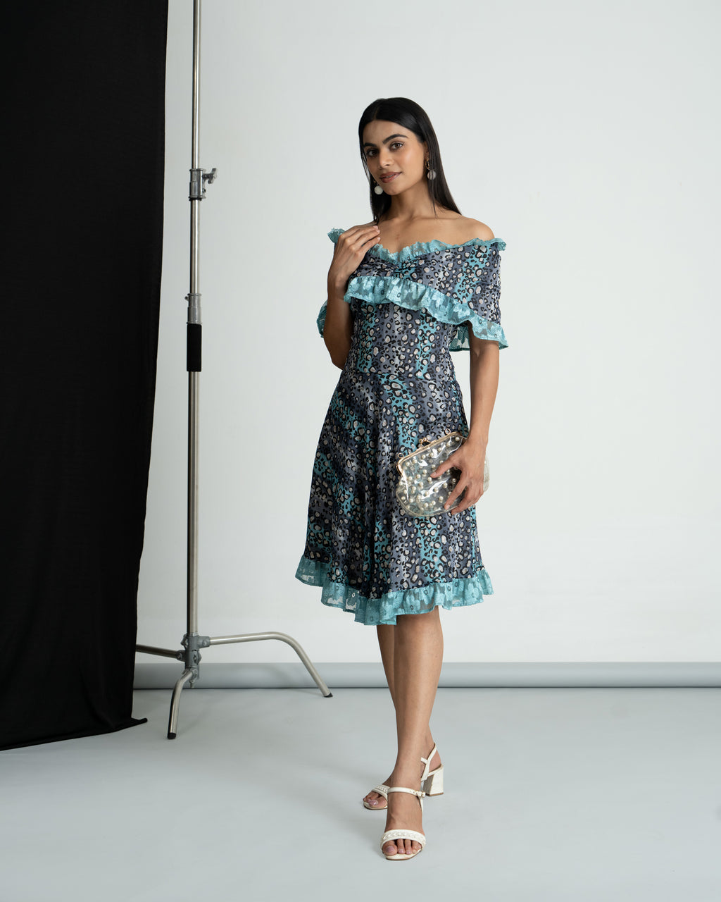 Grey printed off shoulder dress