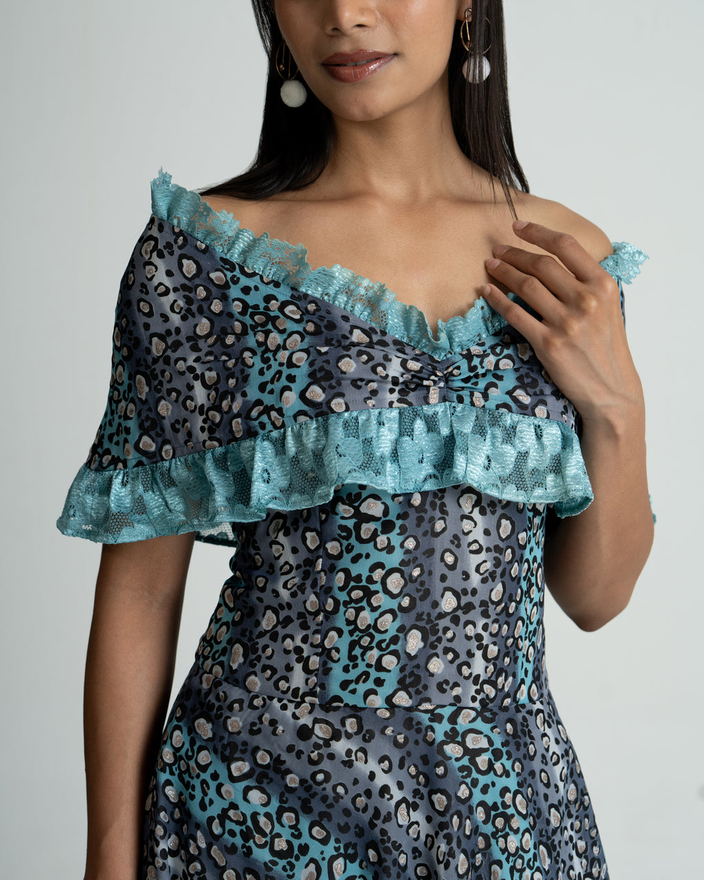 Grey printed off shoulder dress