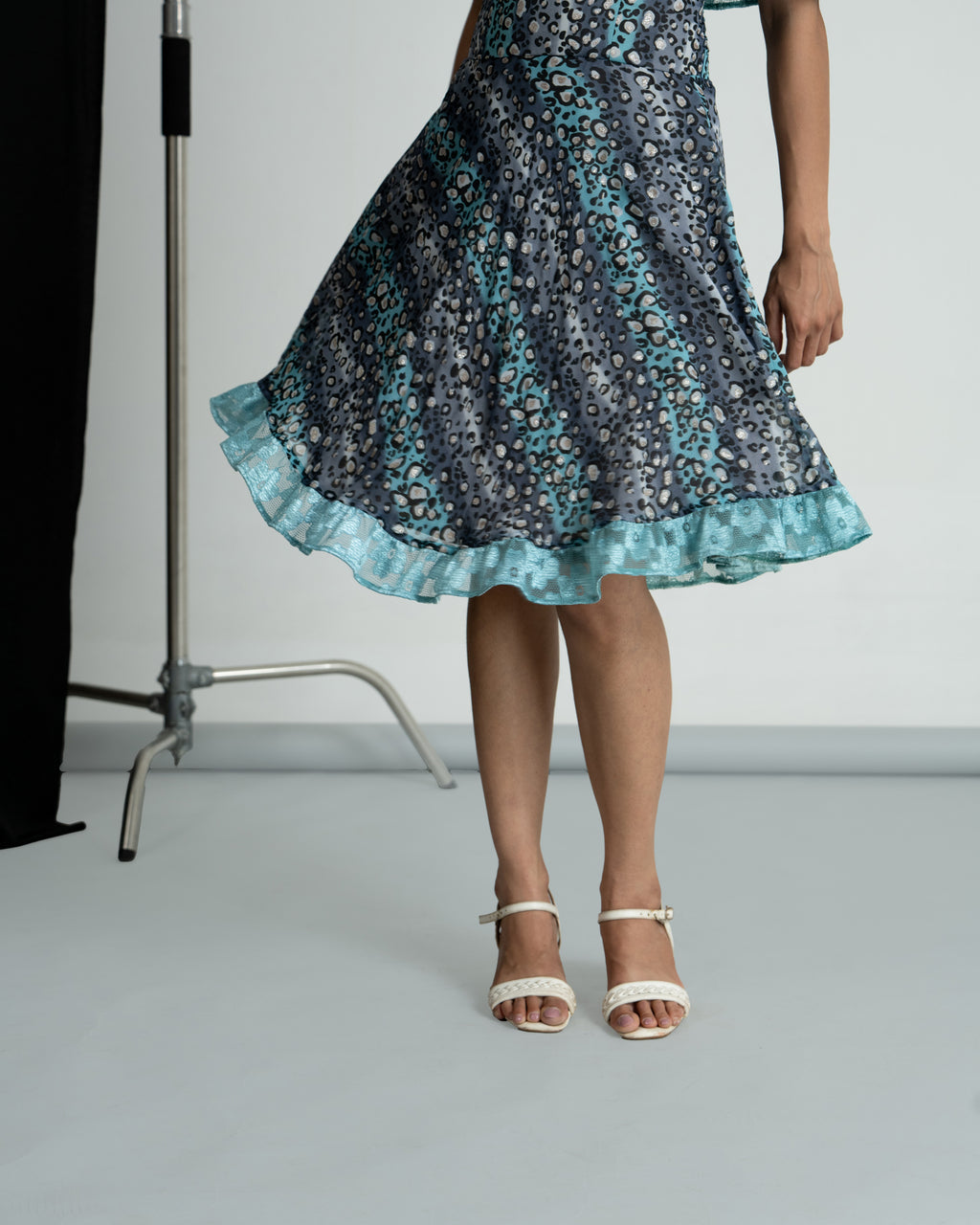 Grey printed off shoulder dress