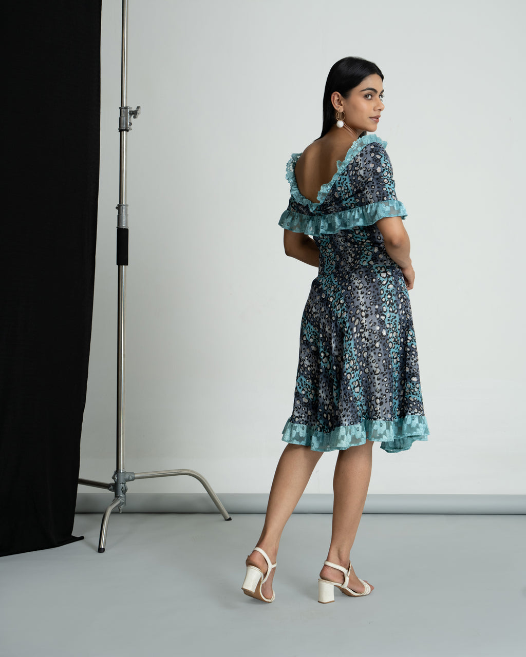 Grey printed off shoulder dress
