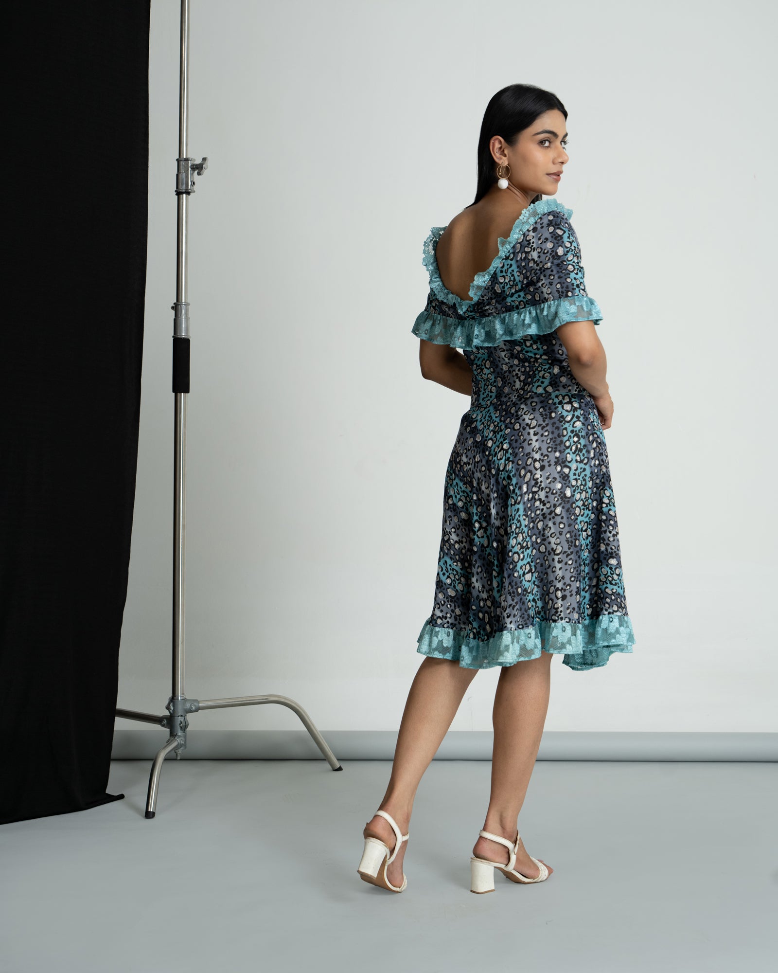 Grey printed off shoulder dress