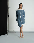 Blue check frill off shoulder dress