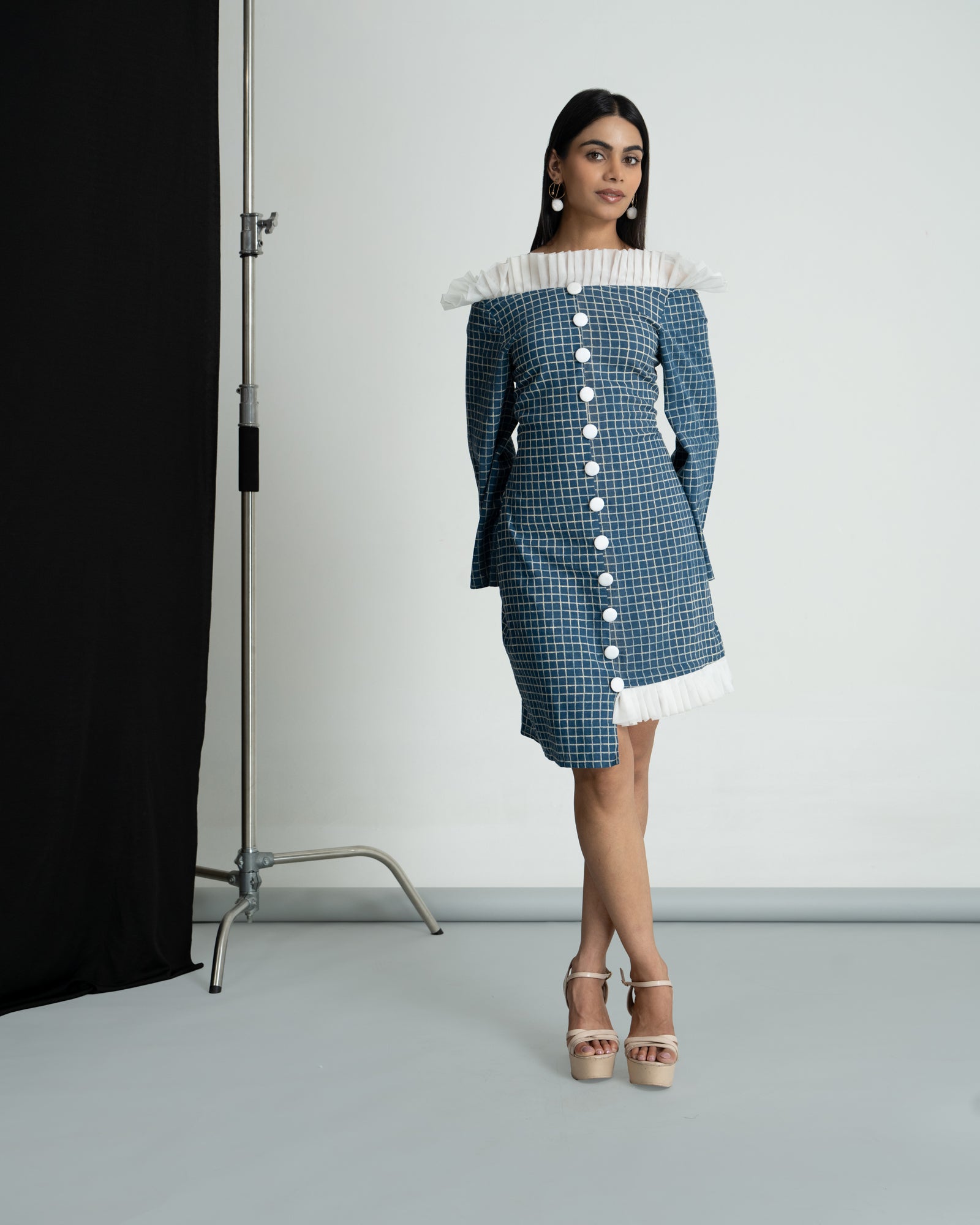 Blue check frill off shoulder dress